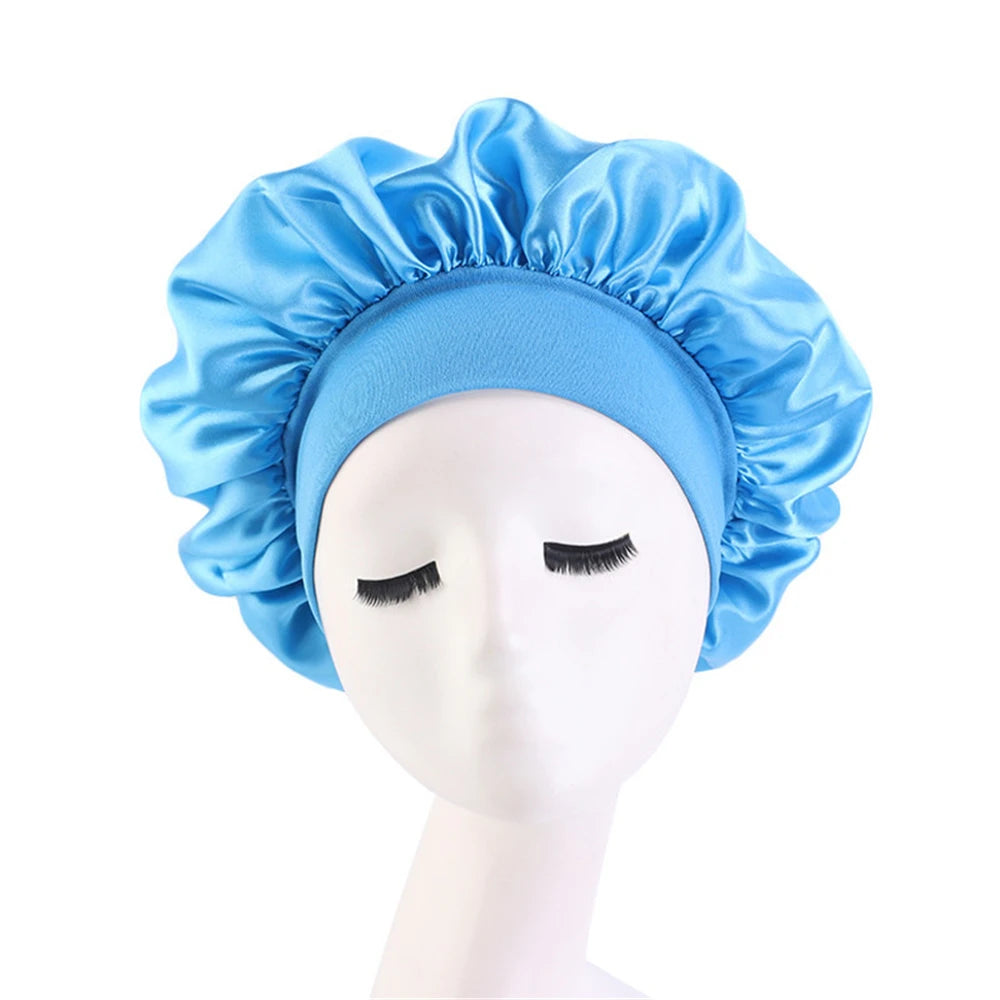 Newly Women's Satin Solid Sleeping Hat Night Hair Care Bonnet Nightcap For Women Men Unisex Cap Blue