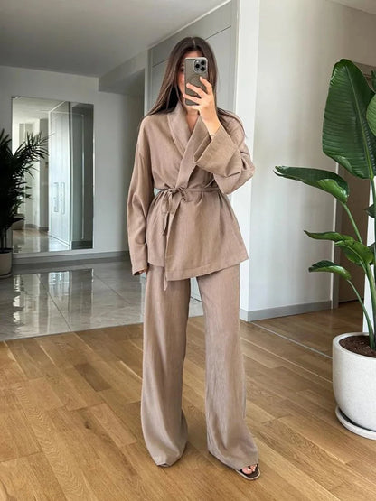 ZABA Women's Fashion Solid Colour Lapel Comfortable Tie Long Sleeve Shirt Casual High Waist Wide Leg Trousers Two Piece Set