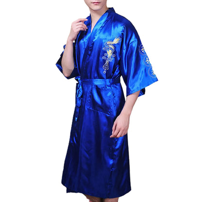 Men's Satin Robes Chinese Style Dragon Embroidery Kimono Silk-like Bathrobe Pajamas Sleepwear Gown Bath Robe