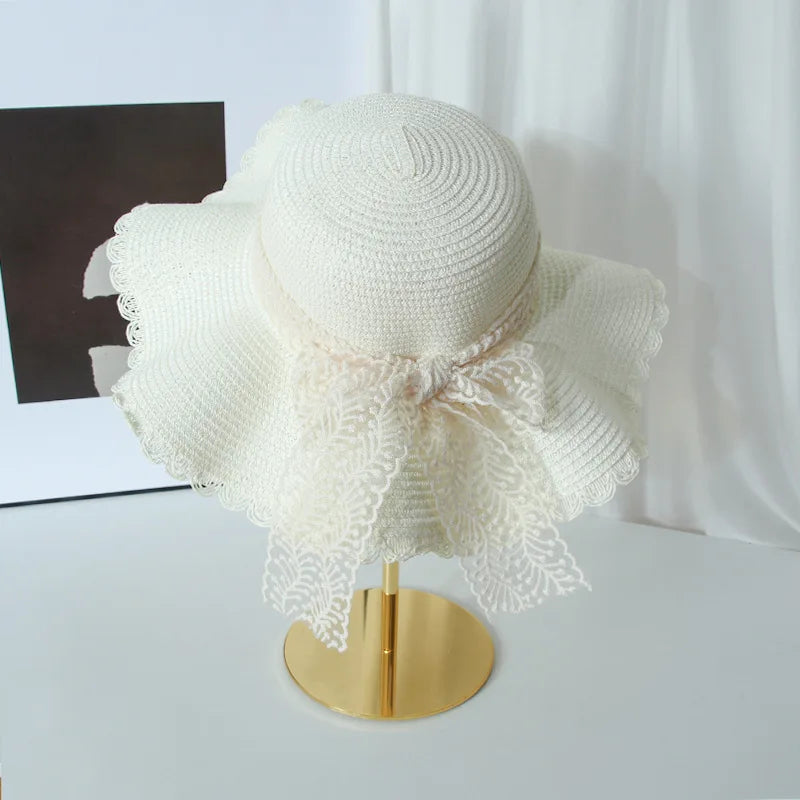 Women's Straw Hat Spring and Summer Lace Bow Large Brim Breathable Foldable Sunshade Caps Beach Cap Sweet Fisherman Hat S131 S131-White One size