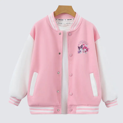 MINISO Sanrio Kuromi Jackets For Girls Spring Autumn Teen Kids Cartoon Princess Cardigan Children's Baseball Uniform Sports Tops