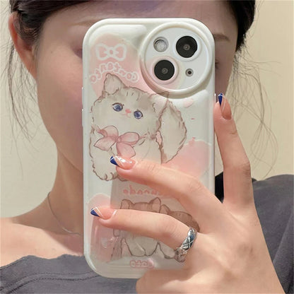 Korean Cute Cartoon Kitten Phone Case For iPhone 15 14 13 12 Pro Max X XS XR 7 8 Plus SE Lovely Cat Shockproof Soft Cover Funda