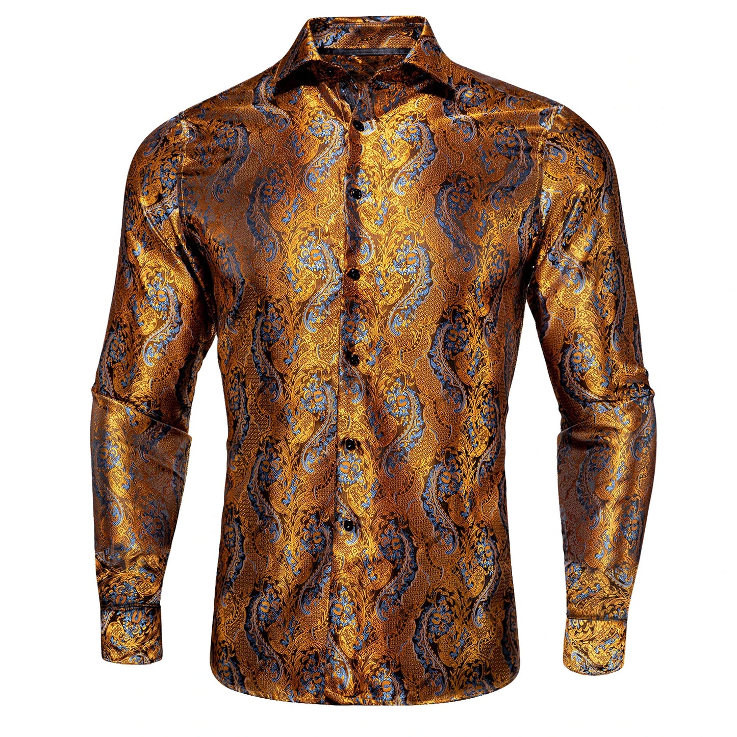 Hi-Tie Gold Luxury Mens Shirts Silk Jacquard High Quality Long Sleeve Lapel Shirt Casual Formal for Male Wedding Business Gifts