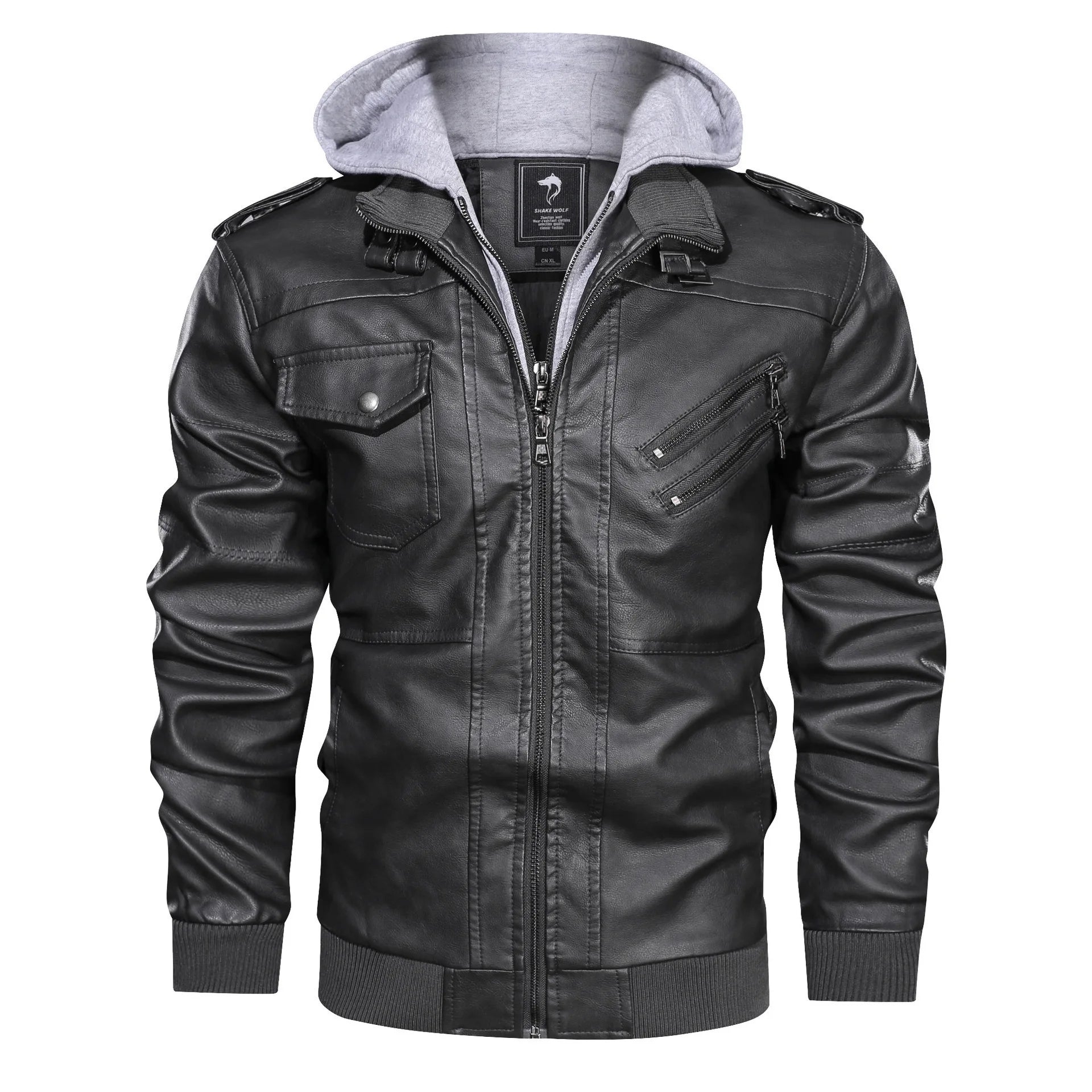 New Fashion Male Street Wear Motorcycle Leather Jackets Hat Detachable Men Hooded Leather Jackets Slim Casual Leather Coats 5XL GRAY