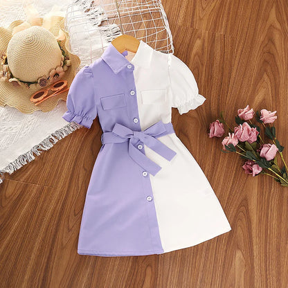 Summer Girl's Dress Shirt Patchwork Color Lapel Puff Sleeve Lace-up A-line Knee-length Skirt Fashionable Sweet Daily Casual CF2032SF Purple