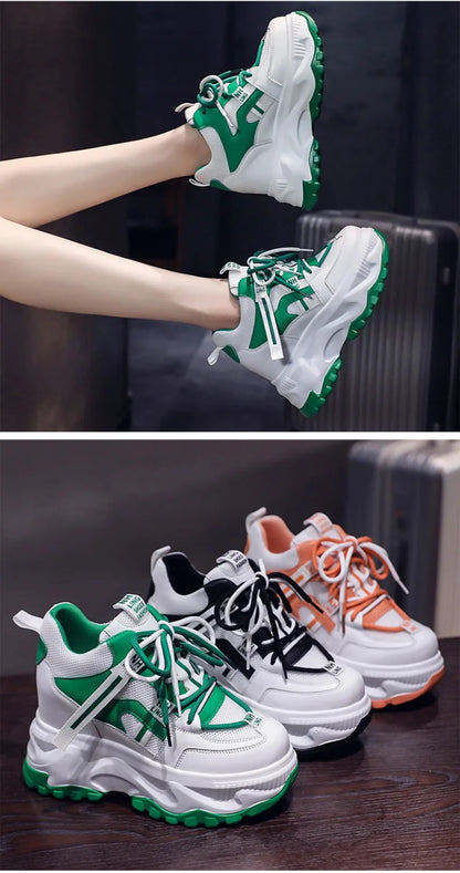 Fashion Flower Embroidered Mesh Breathable Ladies Wedge Platform Sneakers High Heels Lace-Up Shoes Comfortable Height Increasing