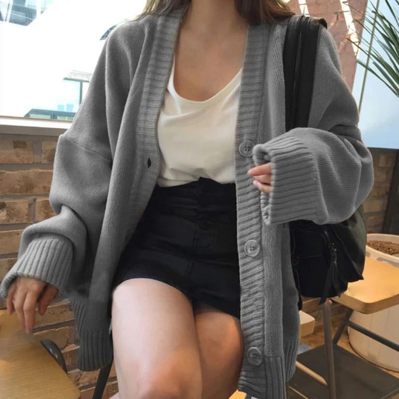 2024 Autumn Women's Sweater Fashion V-neck Vintage Knitted Cardigan Korean Loose Solid Sweaters Female