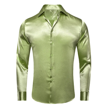 Hi-Tie Gold Luxury Mens Shirts Silk Jacquard High Quality Long Sleeve Lapel Shirt Casual Formal for Male Wedding Business Gifts