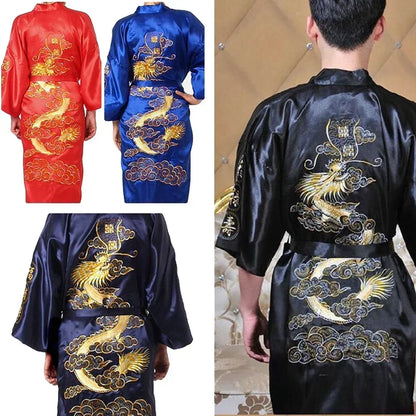 Men's Satin Robes Chinese Style Dragon Embroidery Kimono Silk-like Bathrobe Pajamas Sleepwear Gown Bath Robe