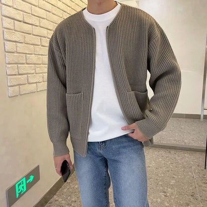 Men's Solid Color Slim-Fit Cardigan Zipper Sweater Autumn and Winter Sweater Coat Top Men Long Sleeve Stand Collar Sweater Coat