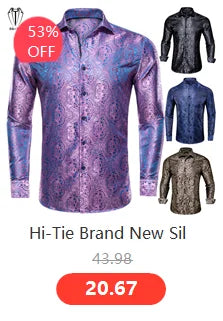 Hi-Tie Gold Luxury Mens Shirts Silk Jacquard High Quality Long Sleeve Lapel Shirt Casual Formal for Male Wedding Business Gifts