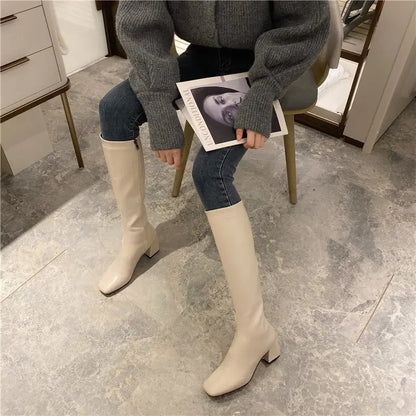 Women Warm Long Boots Woman Knee High Booties Ladies Shoes Platform Thick Heel PU Leather Soft Zipper Woman Fashion Winter 2023