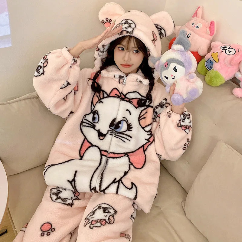 Sanrio Cartoon Hello Kitty Pajamas Female Flannel autumn Winter New Plus Thicken Velvet Sweet Keep Warm Pajamas set leisure wear