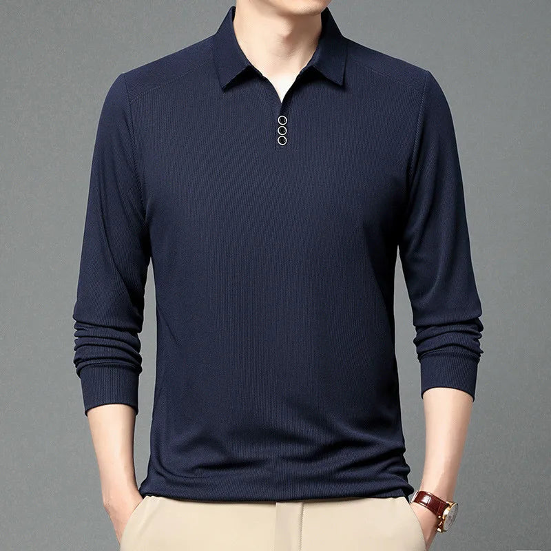 Long Sleeve Polo Shirt for Men Casual Solid Button Collar Autumn Fashion Polo T-shirt Spring Luxury Male Korean Style Clothing