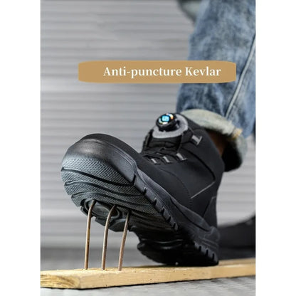 Black Leather Winter Fashion 2023 Rotating Buttons Safety Shoes Men Waterproof Work Boots Men Anti-puncture Protective Footwear