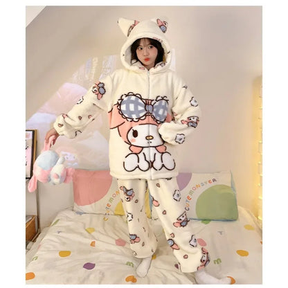 Sanrio Cartoon Hello Kitty Pajamas Female Flannel autumn Winter New Plus Thicken Velvet Sweet Keep Warm Pajamas set leisure wear