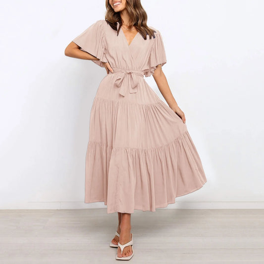 Women Chiffon Dress 2024 Summer Lace-Up Butterfly Sleeve Casual Ruffle V-Neck Fashion Party Vestidos Sexy Bohemian Robe Femme