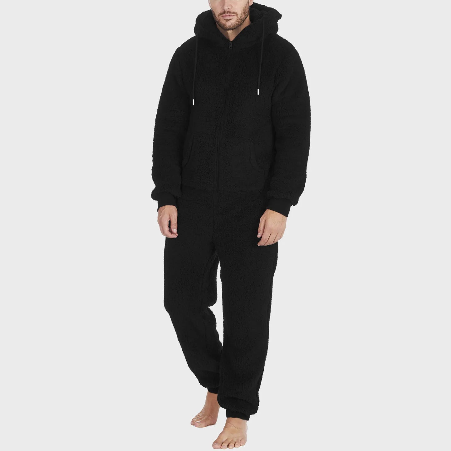 Winter Men Artificial Wool Jumpsuit Pajamas Fleece Warm Men Drawstring Bodysuit Sleepwear Solid Color Zipper Loose Hooded