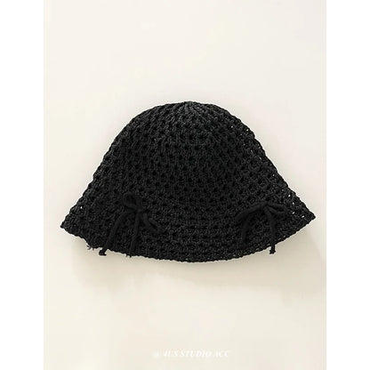 Korean Ins New Cute Bow Hollow Knitted Women's Caps Spring and Summer Sunshade Versatile Show Face Small Sweet Bucket Hat black 56-58cm