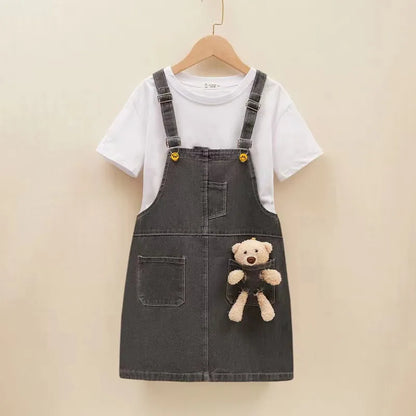 2-8T Summer Sundress Sets Baby Girls Suspender Skirt Girls Dress Kids Straps Denim Dress Children Bear Cartoon Clothing Overalls