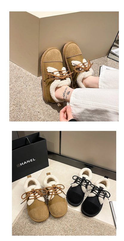 Fashion khaki Winter Shoes Women Low-cut Plush Flat Shoes for Women Non-slip Outdoor Female Cotton Shoes Cozy Fur Ladies Loafers