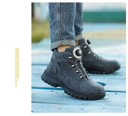 Black Leather Winter Fashion 2023 Rotating Buttons Safety Shoes Men Waterproof Work Boots Men Anti-puncture Protective Footwear