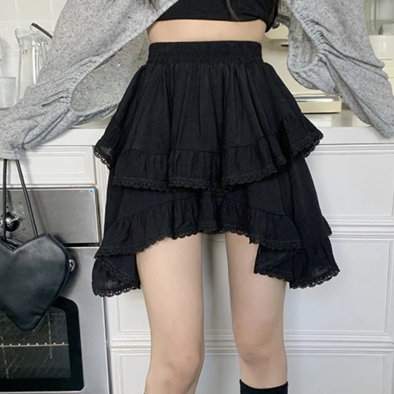 Mini Skirts Women Summer Ruffles Design Solid Sweet Fashion High Waist Lovely Korean Style All-match Girlish Tender New Simple black