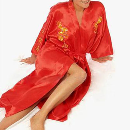 Men's Satin Robes Chinese Style Dragon Embroidery Kimono Silk-like Bathrobe Pajamas Sleepwear Gown Bath Robe