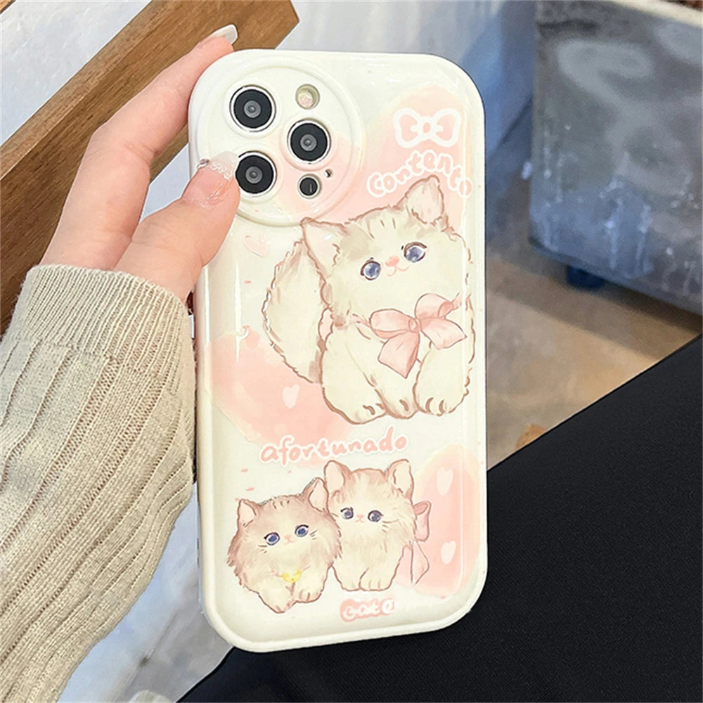 Korean Cute Cartoon Kitten Phone Case For iPhone 15 14 13 12 Pro Max X XS XR 7 8 Plus SE Lovely Cat Shockproof Soft Cover Funda