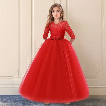 Girls Christmas Dress For Kids Wedding Evening Party Bridesmaid Long Dress Prom Gown Children Teenager New Year Princess Costume red 04