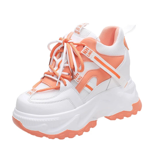 Fashion Flower Embroidered Mesh Breathable Ladies Wedge Platform Sneakers High Heels Lace-Up Shoes Comfortable Height Increasing