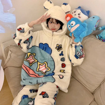 Sanrio Cartoon Hello Kitty Pajamas Female Flannel autumn Winter New Plus Thicken Velvet Sweet Keep Warm Pajamas set leisure wear