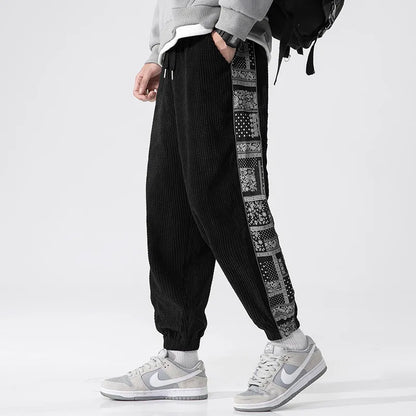 DUYIT Chinese Style Printed Stitching Corduroy Men's Casual Pants Autumn/Winter New Elastic Waist Small Feet Sweatpants