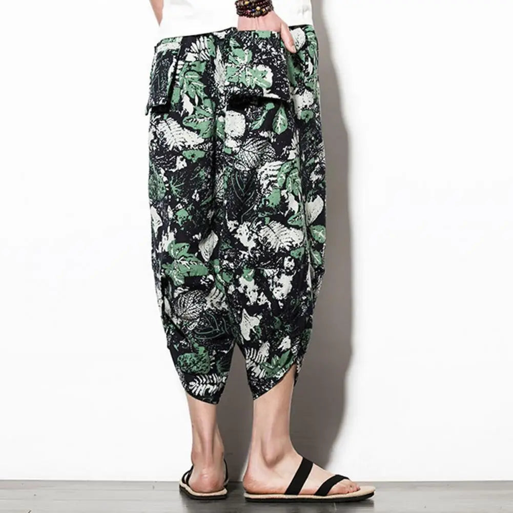 Harajuku Summer Loose Calf Length Casual Pants Men Wide Leg Cotton Linen Printing Baggy Pants Oversize Men's Trousers