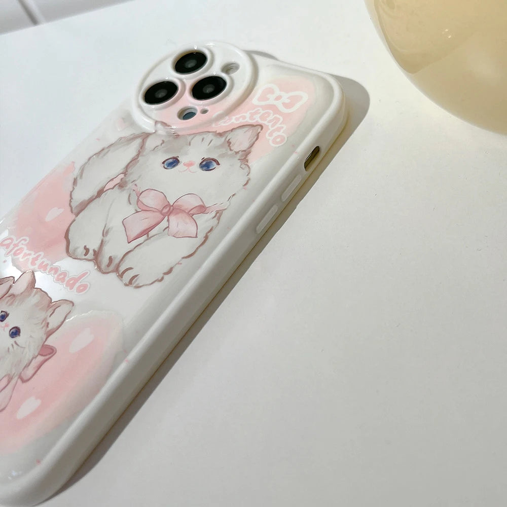 Korean Cute Cartoon Kitten Phone Case For iPhone 15 14 13 12 Pro Max X XS XR 7 8 Plus SE Lovely Cat Shockproof Soft Cover Funda