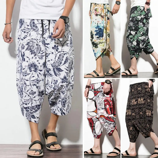Harajuku Summer Loose Calf Length Casual Pants Men Wide Leg Cotton Linen Printing Baggy Pants Oversize Men's Trousers