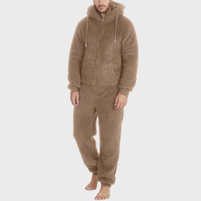 Winter Men Artificial Wool Jumpsuit Pajamas Fleece Warm Men Drawstring Bodysuit Sleepwear Solid Color Zipper Loose Hooded