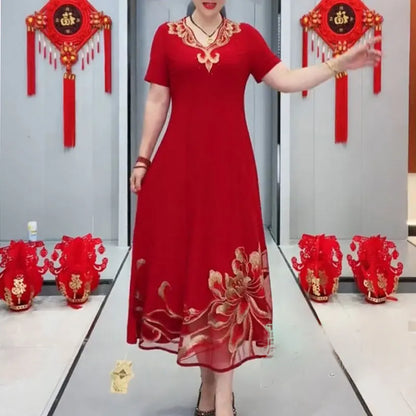 Women's Clothing Vintage Floral Embroidery Long Dress Fashion Diamonds Summer Elegant V-Neck Casual A-Line Waist Dresses Red