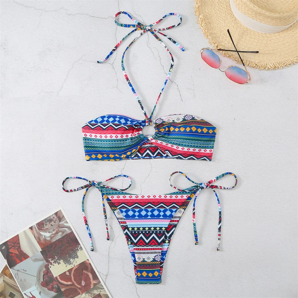 Boho Print Bikini Halter String Bandeau Swimsuit Separate Retro Trend Swimwear Y2K Beach Micro Tanga Women Vacation Bathing Suit