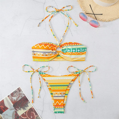 Boho Print Bikini Halter String Bandeau Swimsuit Separate Retro Trend Swimwear Y2K Beach Micro Tanga Women Vacation Bathing Suit