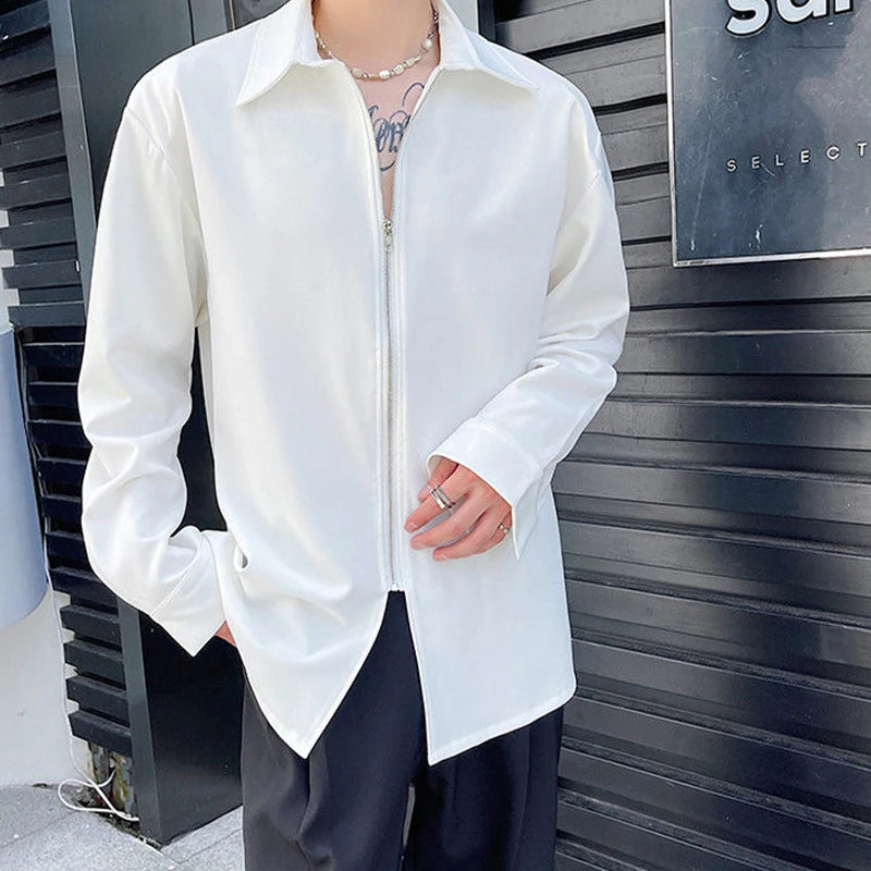 Simplicity Loose Solid Turn-down Collar Handsome Spring Summer Long Sleeve Shirts Man Men's Clothing Zipper Streetwear Casual