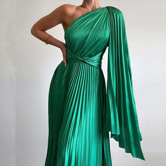 Sexy Off Shoulder Banquet Maxi Dress 2023 New Oblique Collar Pleated Casual Dresses Ladies Slim Holiday Party Long Women's Dress