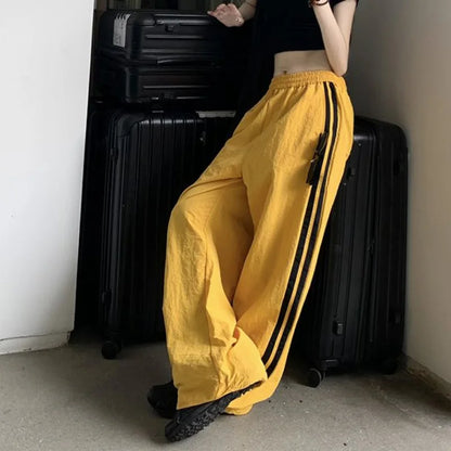 American New High Street Vintage Wide Leg Sporty Pans Women Solid Striped High Waist Pocket Drawstring Loose Straight Trousers Yellow