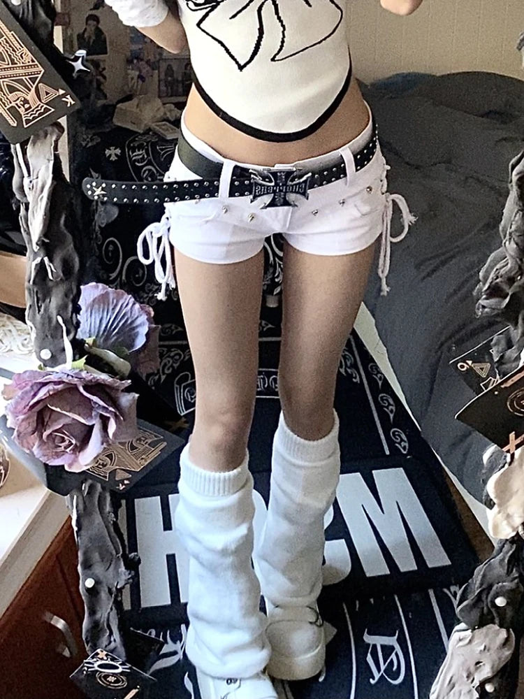 Woman Goth Y2k Low Rise Shorts 2000s Jean Shorts Fashion Denim Grunge Sexy Hot Pants Gyaru Coquette Goblin Core Korean Harajuku White