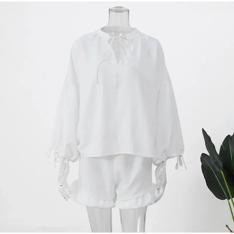 Women Casual 2 Piece Set Cotton Linen Long Sleeve Lace Up Blouse Shirts and Shorts Suit 2024 Summer White Chic Suit Outfits