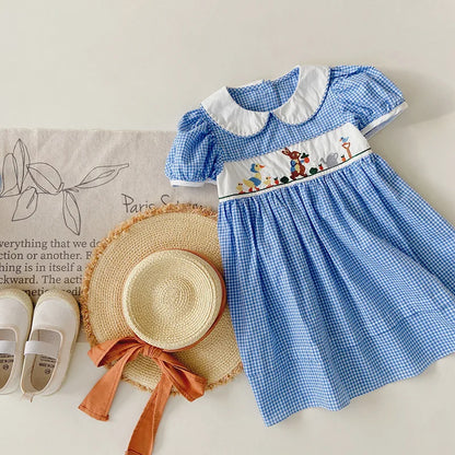 Summer Animal Embroidery Plaid Girl's Dress Lace Edge Doll Lapel Bubble Sleeve Children'S Dress Cute Plaid Baby Kids Clothing