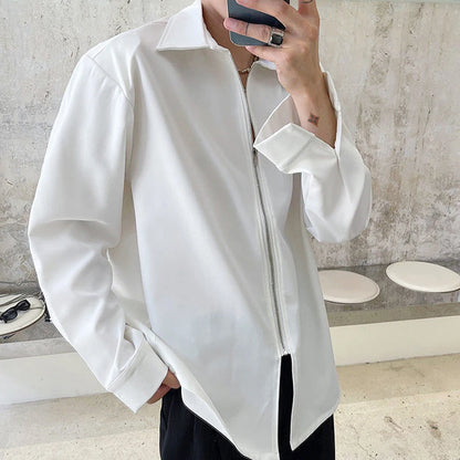 Simplicity Loose Solid Turn-down Collar Handsome Spring Summer Long Sleeve Shirts Man Men's Clothing Zipper Streetwear Casual