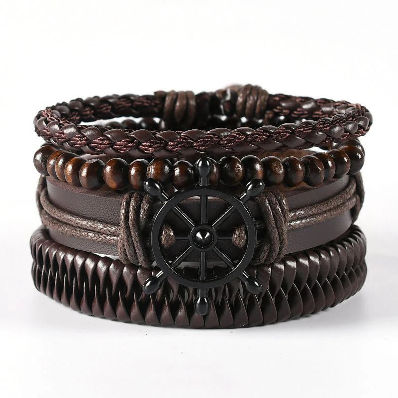 4Pcs/ Set Braided Wrap Leather Bracelets For Men Vintage Life Tree Rudder Charm Wood Beads Ethnic Tribal Wristbands 06