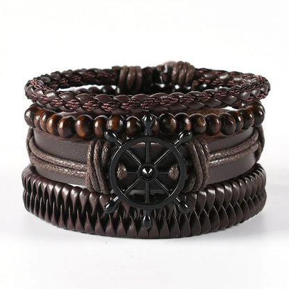 4Pcs/ Set Braided Wrap Leather Bracelets For Men Vintage Life Tree Rudder Charm Wood Beads Ethnic Tribal Wristbands 06