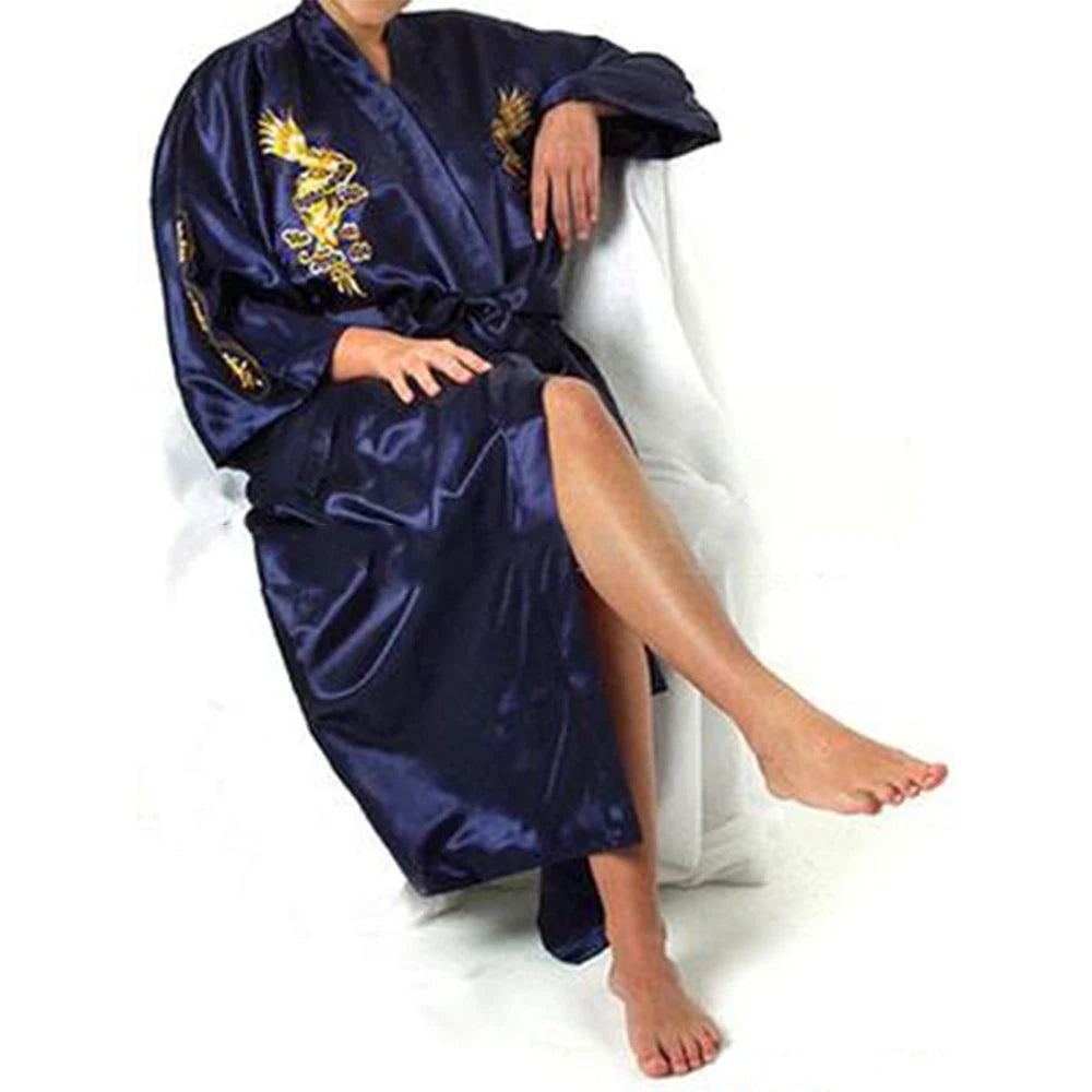 Men's Satin Robes Chinese Style Dragon Embroidery Kimono Silk-like Bathrobe Pajamas Sleepwear Gown Bath Robe